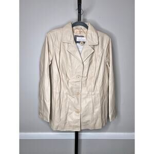 Jessica London Genuine Leather Blazer Jacket Cream Beige Size 12W NWT